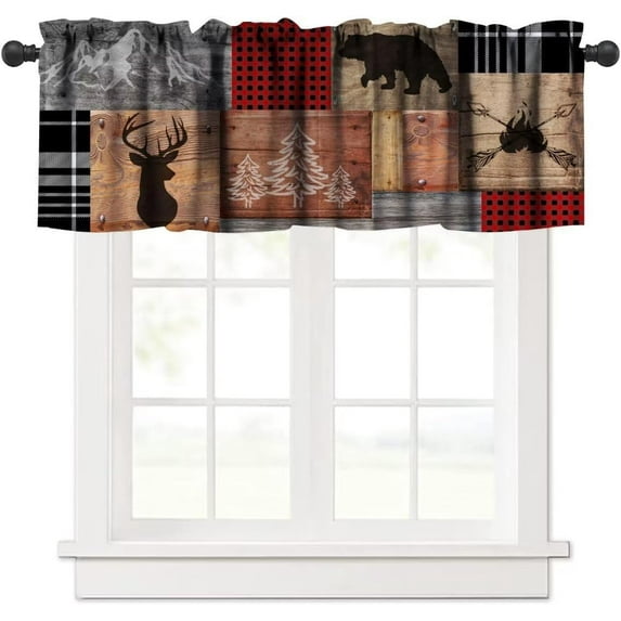Retro Rustic Valance,Vintage Bear Deer Hunting Wildlife Blackout Curtain Valance,Black Red Plaid Check Western Country Short Window Treatments for Bedroom Living Room Kitchen,54x18in