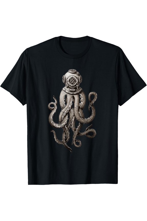 Retro SCUBA Diver Weird Octopus Design, Octopus Helmet Mens T-Shirt