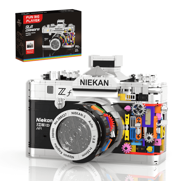 Retro SLR Camera Building Blocks, mechanical model with exposed internal structure, Ideal gift for photography and building block enthusiasts.