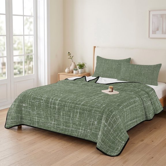 Retro Sage Green Linen Texture 3 Pieces Quilt Set,1 Quilt with 2 Shams,Rustic Burlap Bedspread Soft Lightweight Bedding Coverlet Comforter Set for All Season 90"x96"