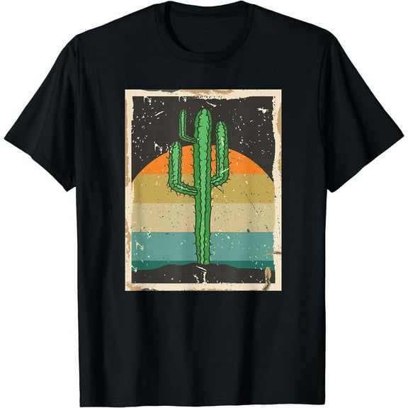 Retro Saguaro Sunset Funny Cactus Casual T-Shirt For Men Women Short Sleeve Black Tee