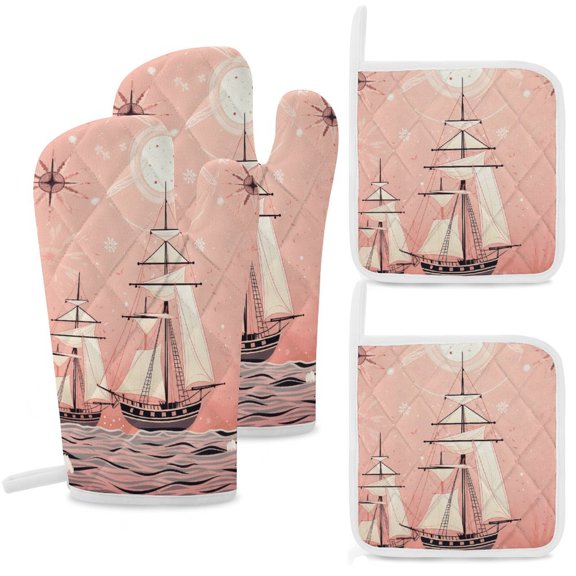 Retro Sail Heat Resistant Microwave Oven Gloves Set for BBQ Baking Grilling,Baking Gifts Cooks for Women,Housewarming Gifts for New Home