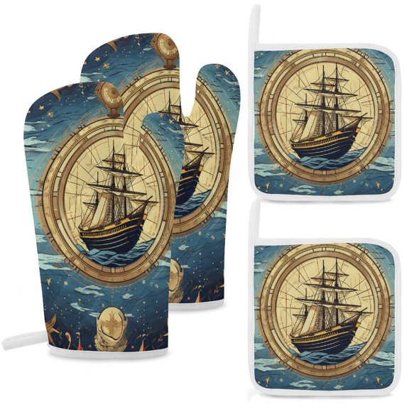 Retro Sail Insulated Gloves And Pot Mats (four Piece Set)