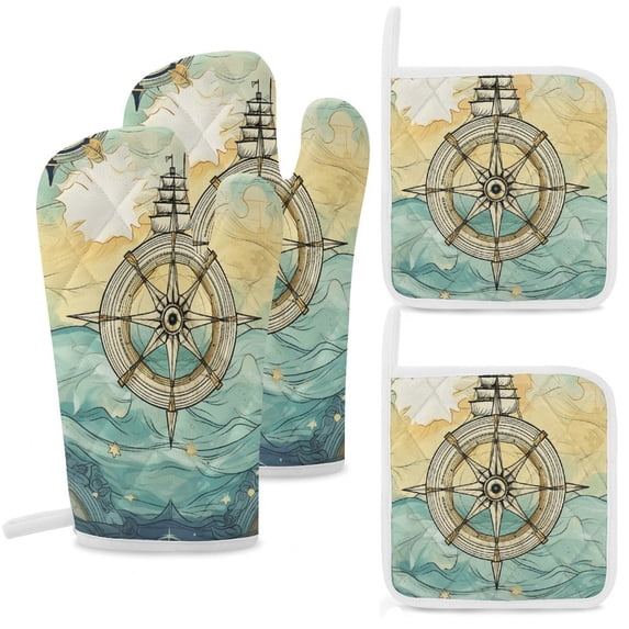 Retro Sail Oven Mitts And Pot Holders Sets of 4 Oven Gloves Set Potholders for Kitchen Cooking Baking Grilling Anti Scald Hot Pads And Heat Resistant
