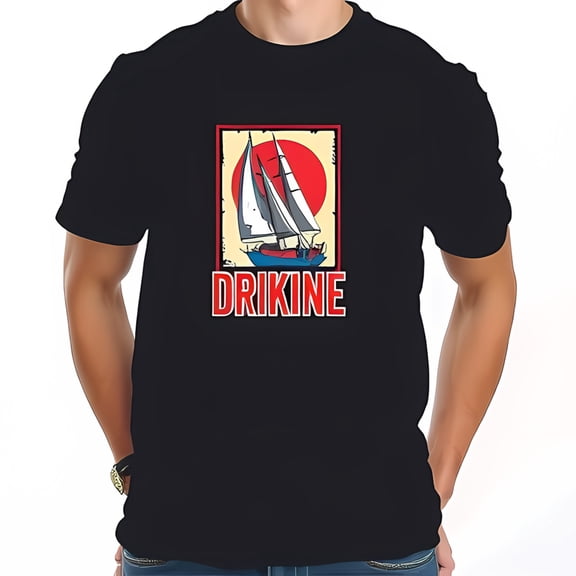 Retro Sailboat Graphic Cotton Short Sleeve T-Shirt with Bold 'DRIKINE' Text and Vintage Design