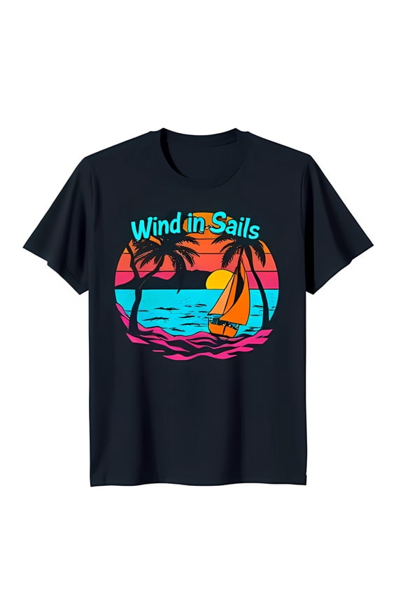 Retro Sailboat Sunset T-Shirt 'Wind in Sails' Design with Tropical Trees