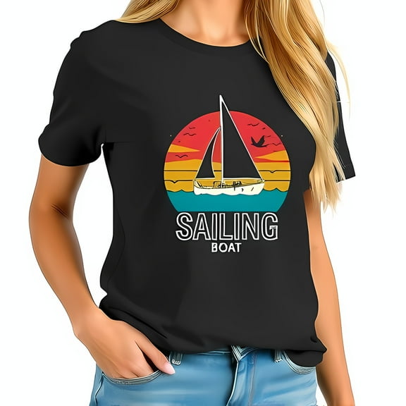 Retro Sailing Boat Graphic T-Shirt for Women - Vintage Sunset Ocean Design Casual Summer