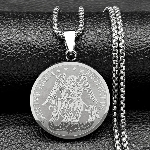 Retro Saint Michael Necklaces for Men 14K Yellow Gold Commander one of the Chief Princes Pendants Male Jewelry