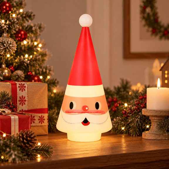 Retro Santa Blow Mold Christmas Tree, 7.87" Vintage Light-Up Tabletop Holiday Decoration