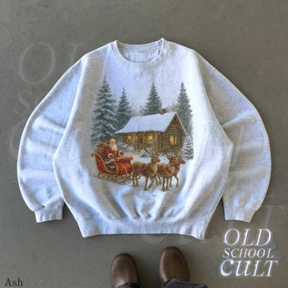 Retro Santa Cabin Sweatshirt, Vintage 90s Christmas Crewneck, Rustic Holiday Pullover,Cozy Winter Shirt