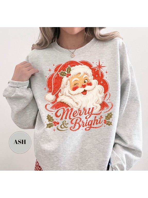 Retro Santa Christmas Sweatshirt, Vintage Merry and Bright Crewneck, Cottagecore Holiday Pullover