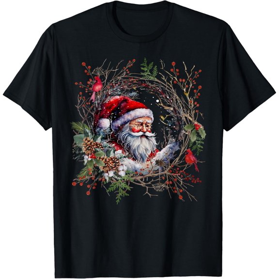 Retro Santa Claus Forest Bird Cottagecore Christmas T Shirt Size S-5XL