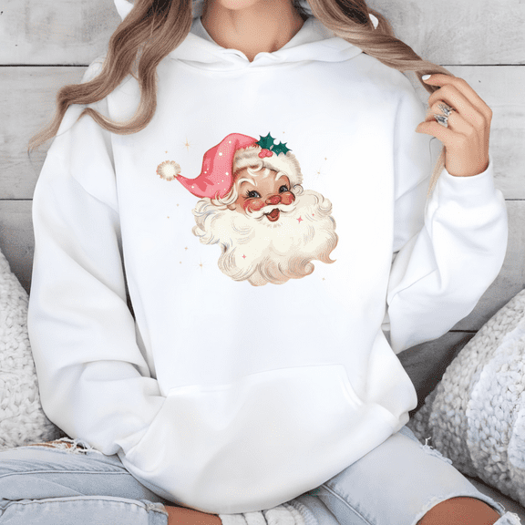 Vintage Pink Santa Hoodie | Retro Watercolor Christmas Top | Cute Holly Jolly Holiday Sweatshirt