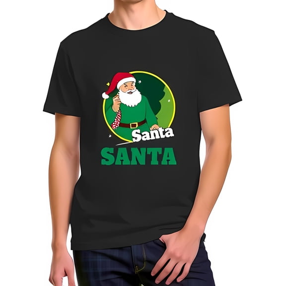 Retro Santa Claus Green Suit T-Shirt - Funny Holiday Tee with Joint Illustration & " Santa SANTA " Text - Casual Cotton Short Sleeve Shirt