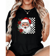 thumbnail image 1 of Women's cotton Black Print T-Shirt Graphic Tee Santa with Poinsettias & Checkerboard Background Festive Holiday Casual Tops S-5XL, 1 of 4