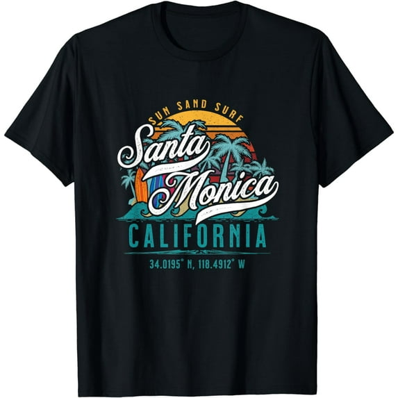 Retro Santa Monica California Sun Sand Surf Beach Palm Trees T-Shirt
