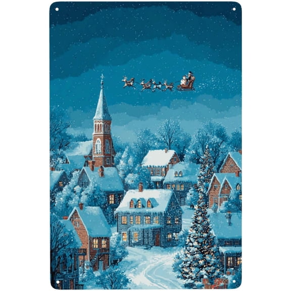 Retro Santa Night Flight Metal Tin Sign Plaque, Christmas House Lights and Tree, Starry Sky with Snowflakes, Wall Decor, 8 x 12 Inch