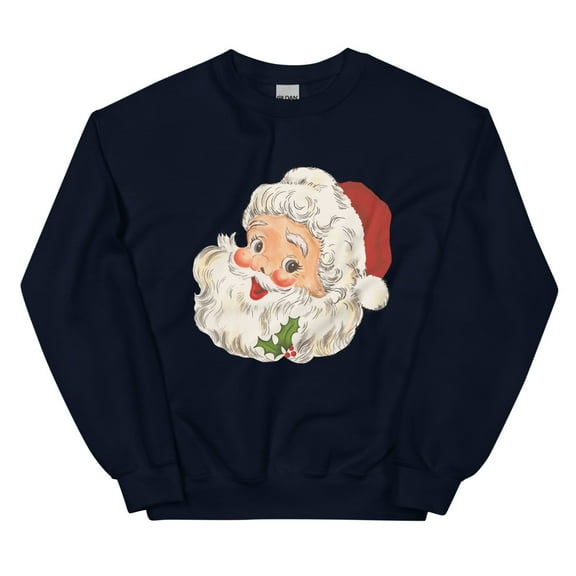Retro Santa Sweatshirt, Cute Christmas Santa Sweater (Navy, S)