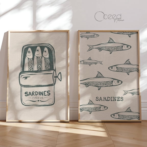 Retro Sardine Tin Pattern Eclectic Kitchen Coastal Wall Art Set 2 Unframed Paper Print 8x12