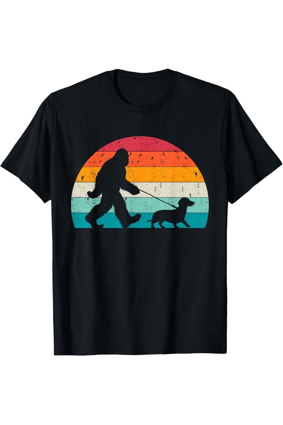 Retro Sasquatch Lover Doxie Wiener Dog Walker Bigfoot Walking a Dog Funny Dachshund Weiner Dog Dad Weenie T-Shirt, Small, Black- Classic Cat dad shirt Unisex 100% Cotton Crew Neck T-Shirt Breathable
