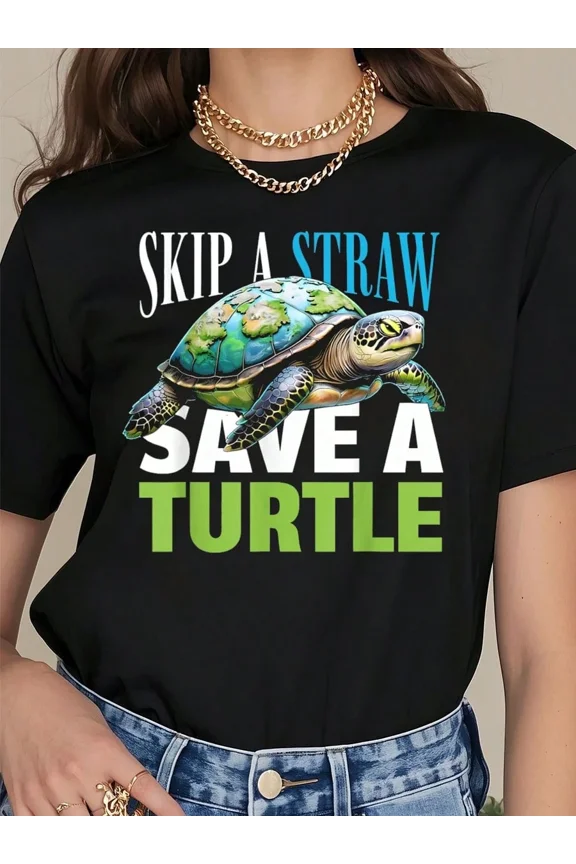 Retro Save the Ocean Sea Turtle Graphic Tee - Skip a Straw Save a Turtle Environmental Awareness Cotton T-Shirt for Adults - Eco-Friendly Nature Lover Gift
