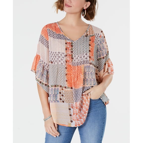 Retro Scarf-Print Pintuck-Pleat Top Stamped Away L