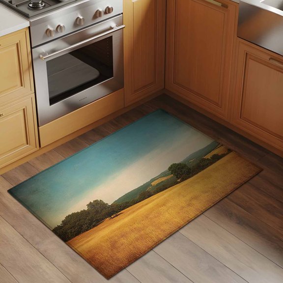 Retro Scenery 2x3 Rug for Entryway Front Door Kitchen Sink Area, Peaks Blue Sky Tree Forest Hill Golden Fields Landscape Low Pile Washable Non Slip Rectangle Area Rug