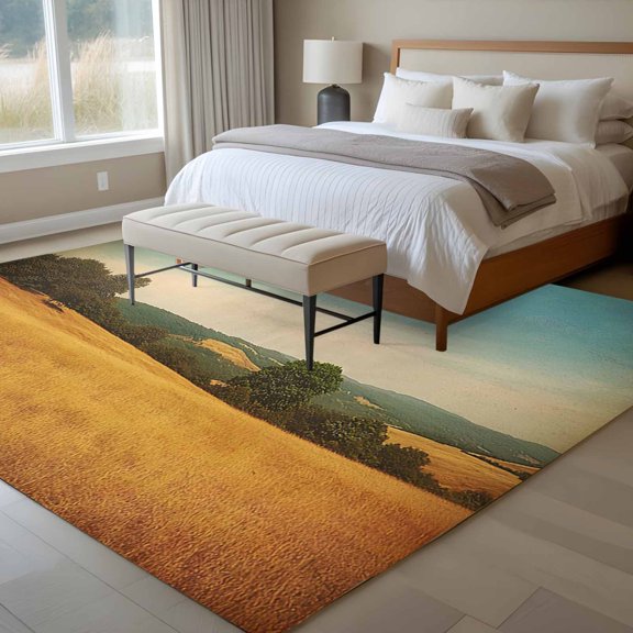 Retro Scenery 6x9 Rug for Dining Room Table and Chair Setup, Peaks Blue Sky Tree Forest Hill Golden Fields Landscape Low Pile Washable Non Slip Rectangle Area Rug