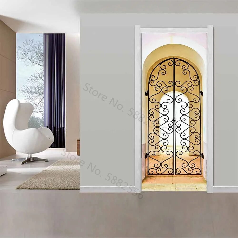 Retro Scenery Door Stickers Imitation Wood Doors Wallpaper 3D Self ...