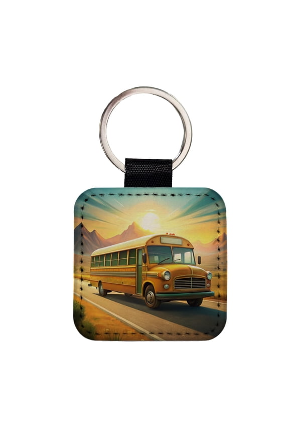 Retro School Bus On Road Faux Leather Square Keychain