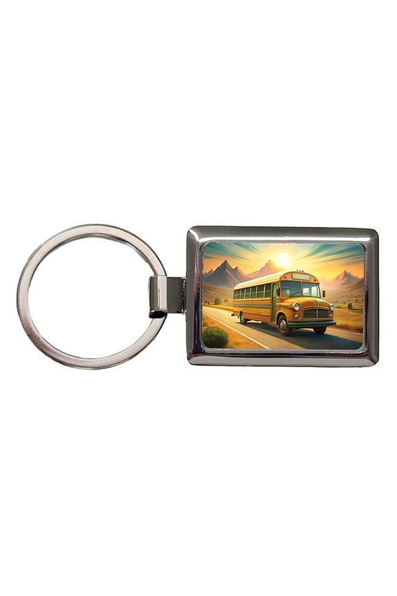 Retro School Bus On Road Metal Rectangle Keychain