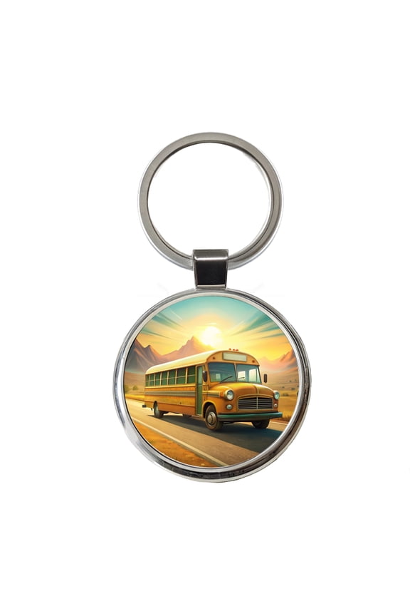 Retro School Bus On Road Metal Round Keychain