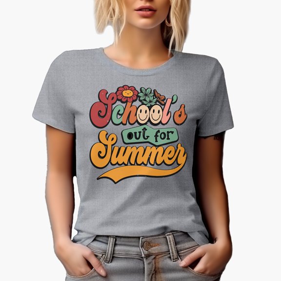 Retro School's Out for Summer Typography, Heather Grey T-Shirt, Large