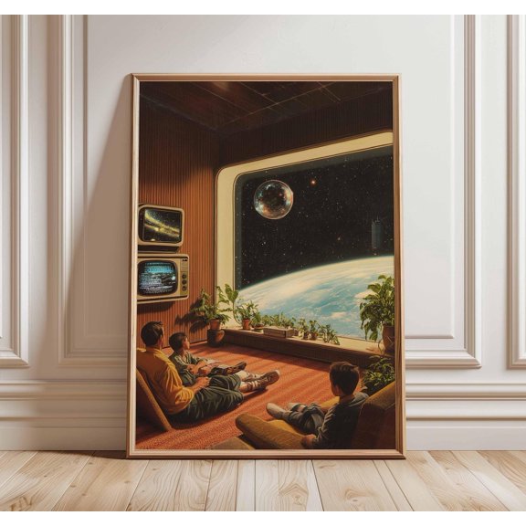 Retro Sci-Fi 70s Surreal Cosmic Futuristic Space Landscape Wall Art, Stretched Canvas 16x20in