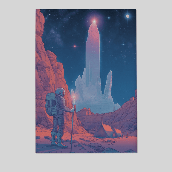 Retro Sci-Fi Astronaut Art Print - Alien Monolith Landscape - Vintage Space Explorer Poster - Moebius Inspired Art Full Size 24''x36'' The Golden Shop