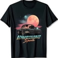 thumbnail image 1 of Retro Sci Fi Car Graphic Black T-Shirt with Pink Moon & Futuristic Text, 1 of 5