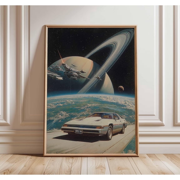 Retro Sci-Fi Car Poster, Vintage Futuristic Saturn Print, Poster Only