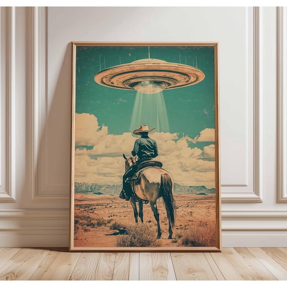 Retro Sci Fi Cowboy Art Vintage Western UFO Poster Space Wall Decor, Unframed Poster