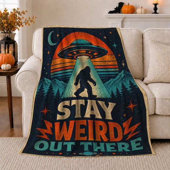 Retro Sci-Fi Ufo Bigfoot Abduction Scene Humorous Vintage, Peaceful Mountain Lake Scene, Warm Flannel Blanket for Cabin and Lodge, Outdoor Lovers Friendship Gift, Artistic Home Decor