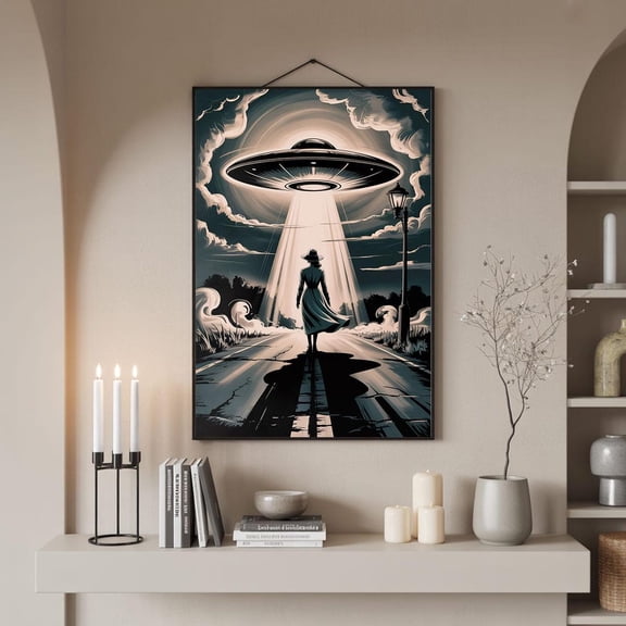 Retro Sci-Fi Ufo Poster: Alien Abduction Art Poster, Stretched Canvas Size 12x18