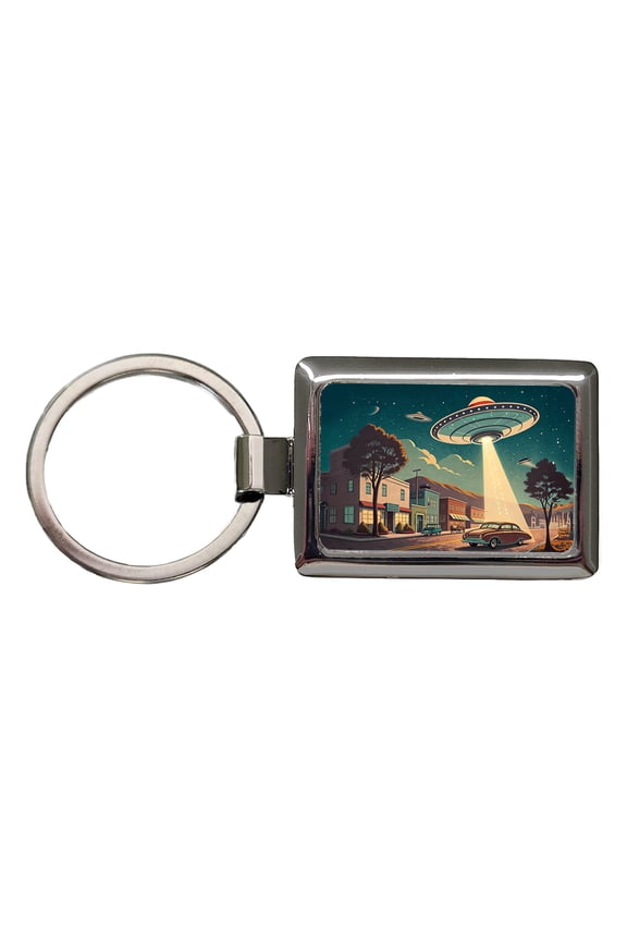 Retro Sci-fi 50's Poster Art Flying Saucer Metal Rectangle Keychain