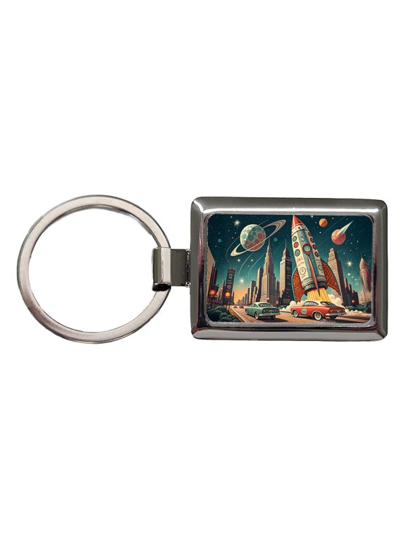 Retro Sci-fi 60's Poster Art Rocket Metal Rectangle Keychain