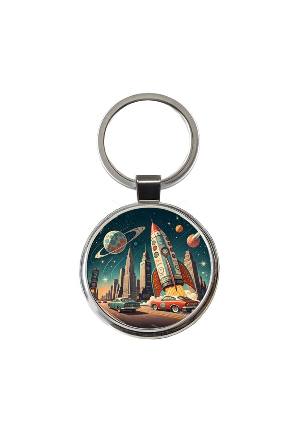 Retro Sci-fi 60's Poster Art Rocket Metal Round Keychain