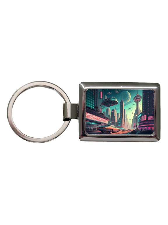 Retro Sci-fi Poster Art Futuristic City Scene Metal Rectangle Keychain