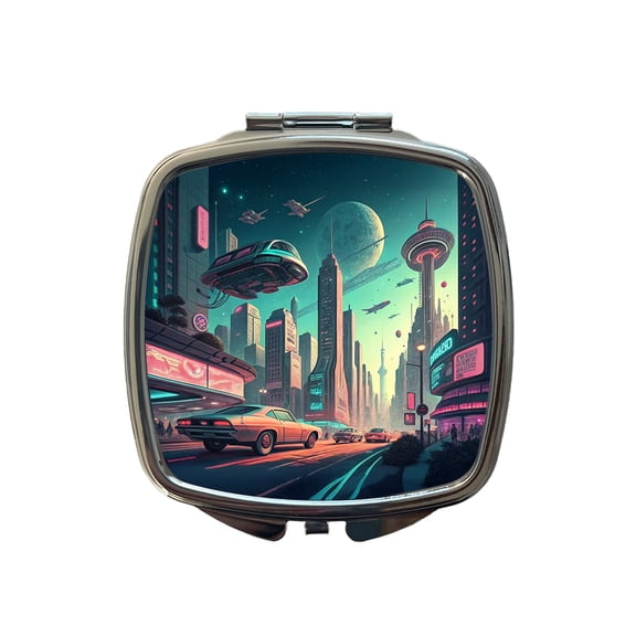 Retro Sci-fi Poster Art Futuristic City Scene Travel Makeup Handbag Purse Small Pocket Compact Mirror