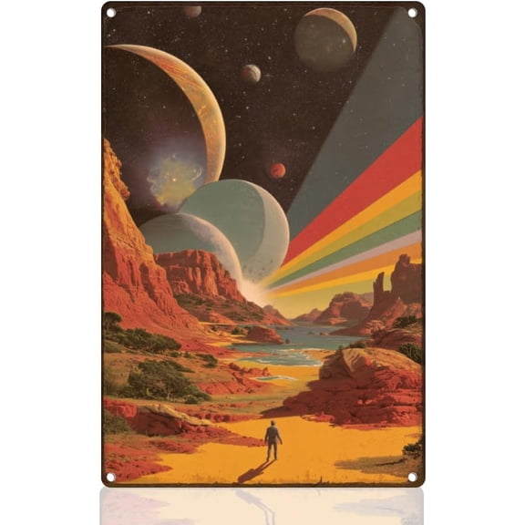 Retro Science Fiction Universe Tin Sign Metal Wall Decor 8" x 12" Mountain Planet Wall Art Poster