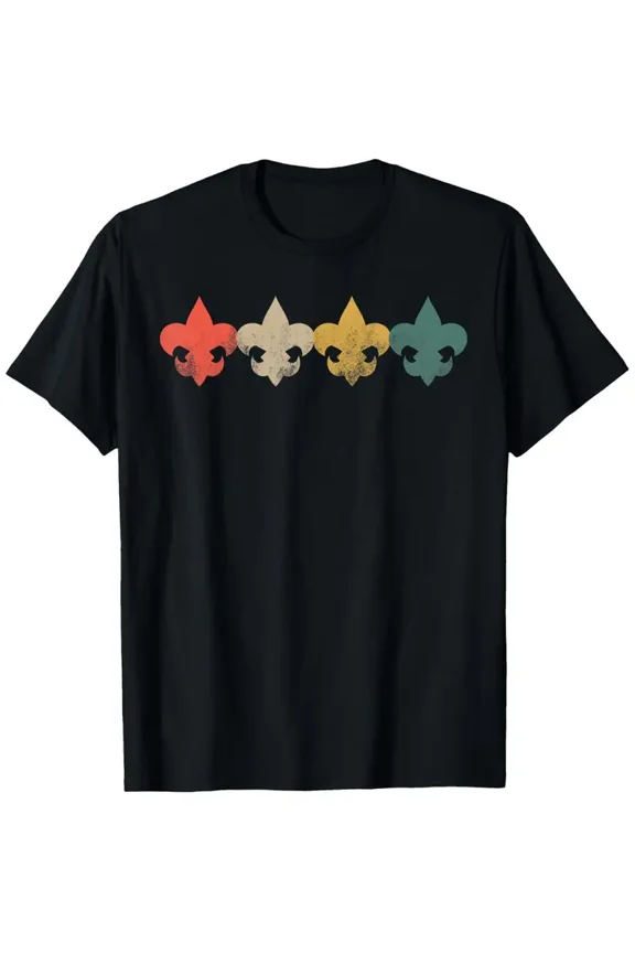 Retro Scout Graphic T-Shirt for Men & Women - Black Casual 100% Cotton Tee with Colorful Fleur-de-Lis Design, Comfortable Round Neck Short Sleeve, S-XXXL