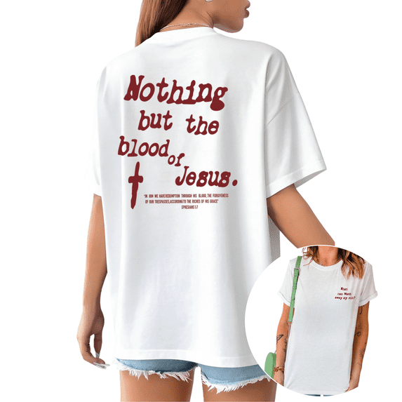 Retro Script Faith Based Cross Back Print Womens White Short Sleeve T-Shirt Oversized Tops
