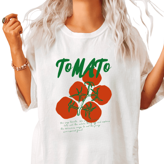 Retro Script Tomato Cluster Print Tshirt White S-5XL Playful Graphic Tees Shirts Tops