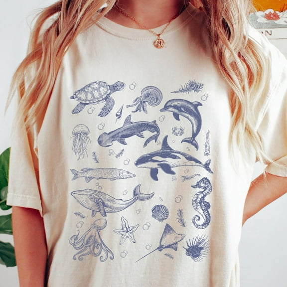 Retro Sea Animals T-Shirt, 90S Women'S Shirt, Sea Life Crewneck, Trendy Women Apparel, Summer Vibes Tee, Ocean Animals Tee Unisex S-5XL Hot Trending Shirt, Vintage Birthday Gift
